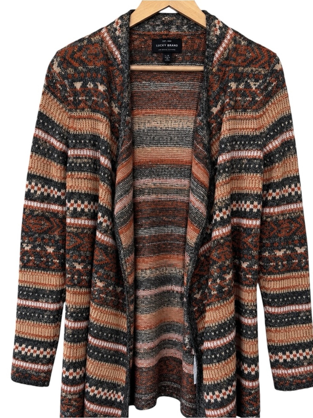 Lucky Brand Southwestern Fair Isle Open Front Longline Cardigan Sweater
